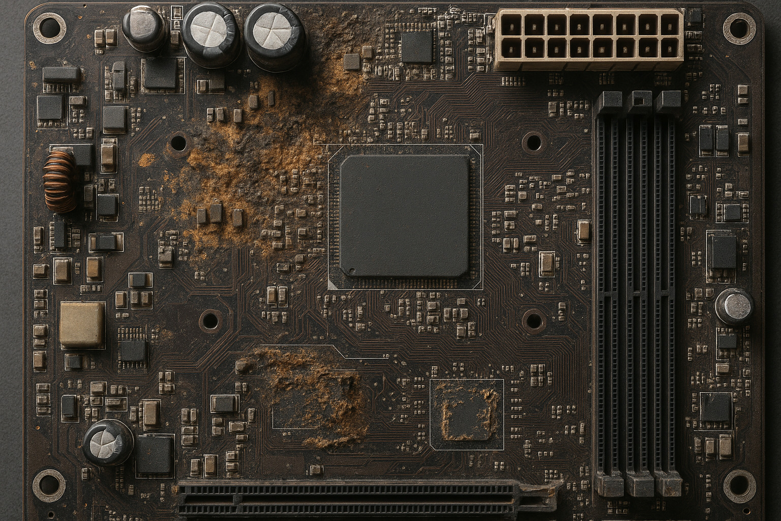 Placa-mãe com componentes queimados
